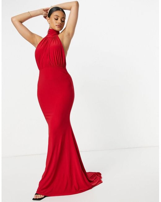 Club L London Backless Halterneck Fishtail Maxi Dress in Red | Lyst