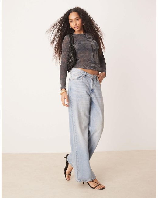 ASOS Gray Shrunken Flock Floral Mesh Button Through Sheer Top