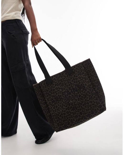AllSaints Black Izzy Fuzzy Leopard Tote Bag