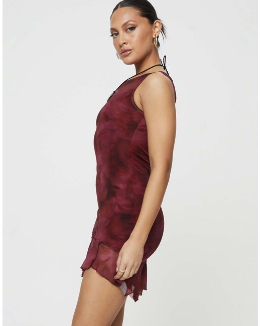 Princess Polly Red Molita Mesh Sleeveless Asymmetric Ruffle Hem Mini Dress