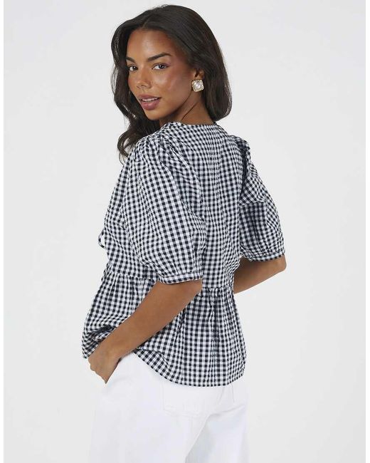 Brave Soul Blue Short Puff Sleeve Gingham Tie Front Blouse