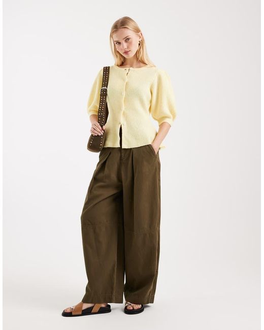 Pieces Natural Puff Sleeve Knitted Cardigan With Waist Detail