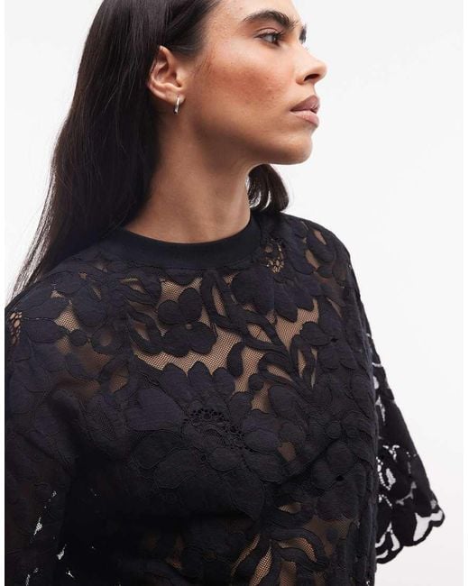 AllSaints Black Amelie Co-Ord Short Sleeve Floral Lace Top
