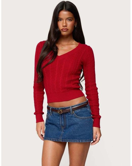 Edikted Red Ashlee V Neck Cable Knit Top