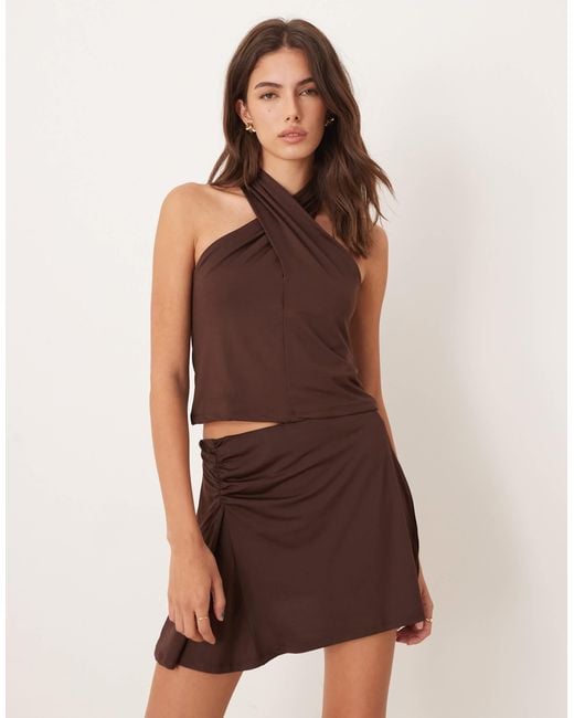 ASOS Brown Co-ord Slinky Wrap Halter Top With Ruched Waist Detail