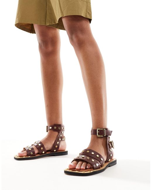 ASOS Natural Fiji Leather Studded Flat Sandals