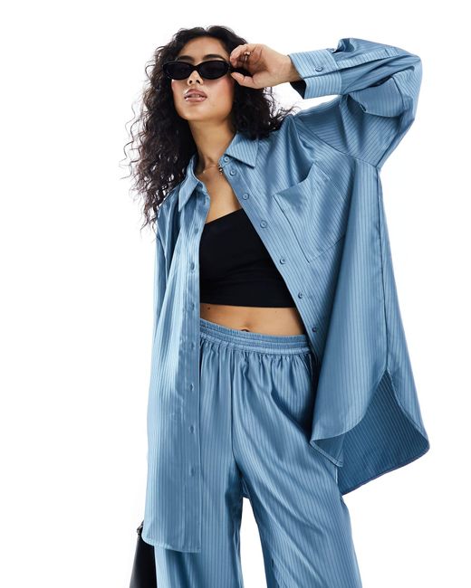 Y.A.S Blue Satin Oversized Pinstripe Shirt Co-ord
