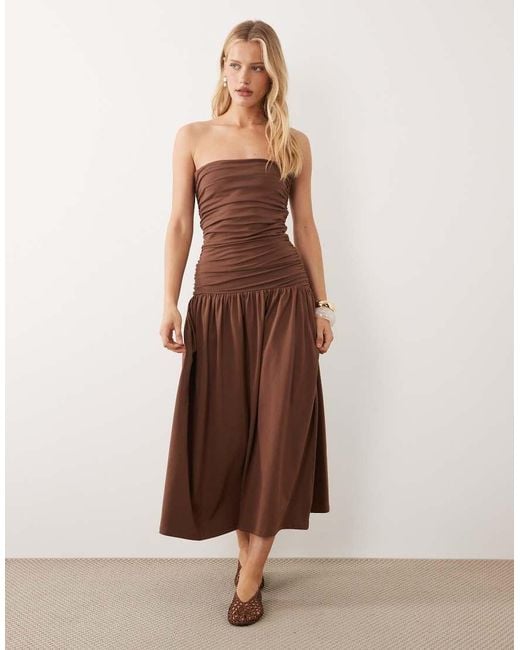 ASOS Brown Ruched Bandeau With Dropped Waist Maxi Dress