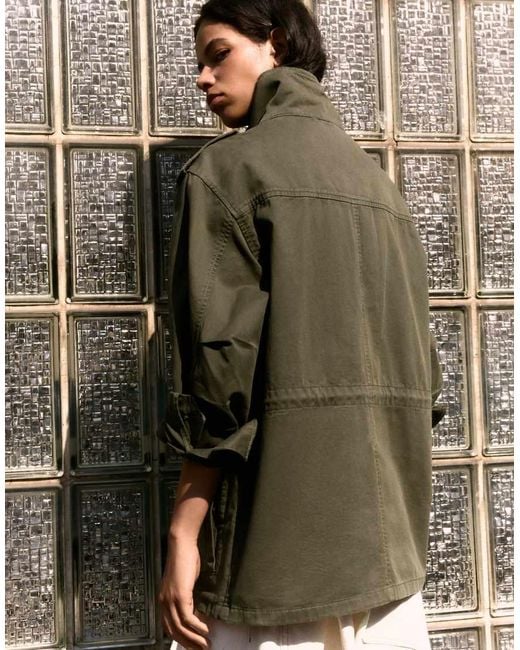 Bershka Green Parka Jacket With Pockets And Funnel Neck