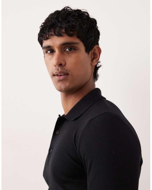 ASOS Black Muscle Fit Long Sleeve Heavyweight Polo for men
