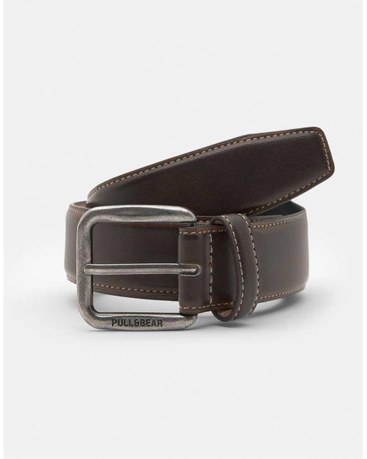 Pull&Bear Metallic Leather Effect Belt With Stitching for men