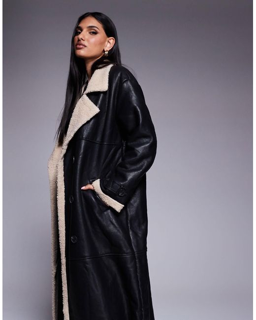 Princess Polly Natural Leather Look Contrast Faux Shearling Button Front Longline Coat