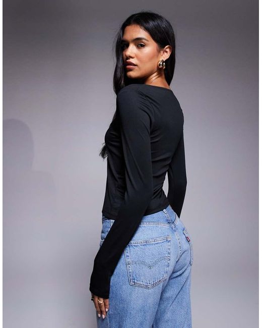 ASOS Top Met Dubbele Laag, Lange Mouwen En Wijde, Vierkante Hals in het Blue