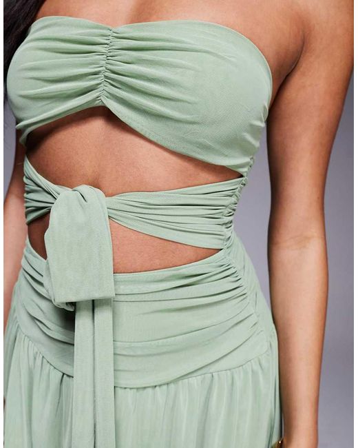 Aria Cove Green Mesh Bandeau Cut Out Tie Waist Thigh Slit Maxi Dress