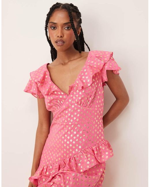 Lovedrobe Pink Flutter Sleeve V Neck Ruffle Midaxi Dress