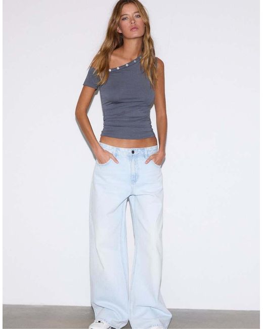 Stradivarius Blue Asymmetric Button T-shirt