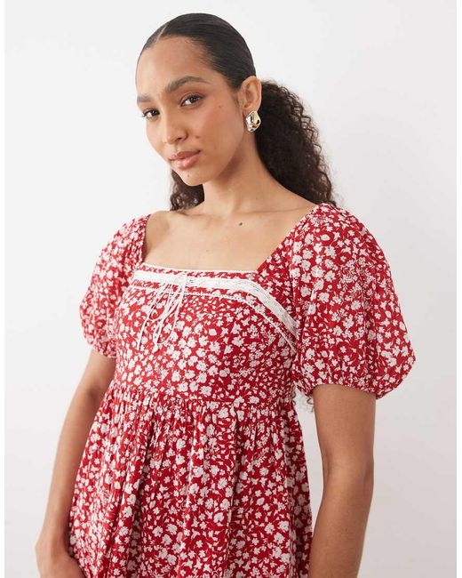 Abercrombie & Fitch Red Square Neck Milkmaid Mini Dress