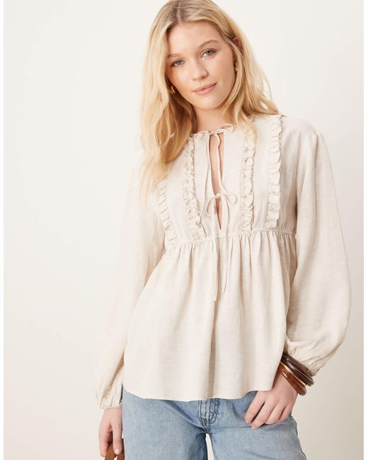 ASOS Smock With Ruffle Detail And Tie Neck in Natural | Lyst