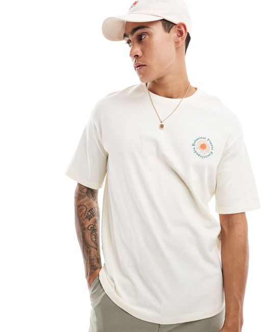 T-shirt oversize color crema con stampa botanica circolare sulla schiena di SELECTED in White da Uomo
