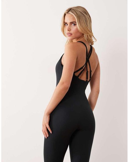 4505 Black Petite Strappy Unitard With Inner Bra