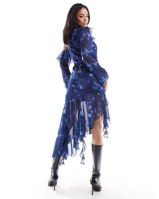 ASOS Blue Fallen Shoulder Chiffon Midi Dress With Asymmetric Hem And Tendril Detail