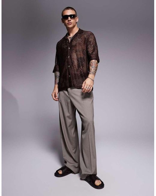 ASOS Brown Boxy Revere Shirt Crochet Shirt for men