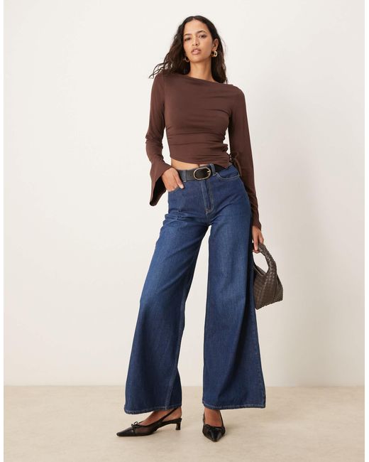 ASOS Brown Flared Long Sleeve Asymmetric Top With Side Tie Detail