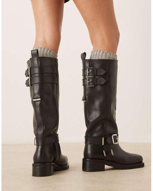ASOS Natural Crest Leather Harness Biker Knee Boots