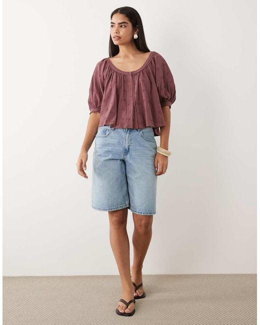 ASOS Pink Button Through Blouson Sleeve Broderie Top