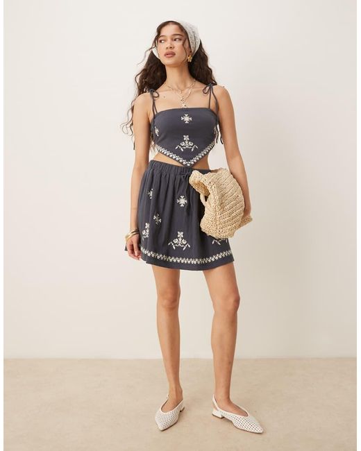 ASOS Blue Co-ord Crinkle Embroidered Tie Shoulder Cami Top
