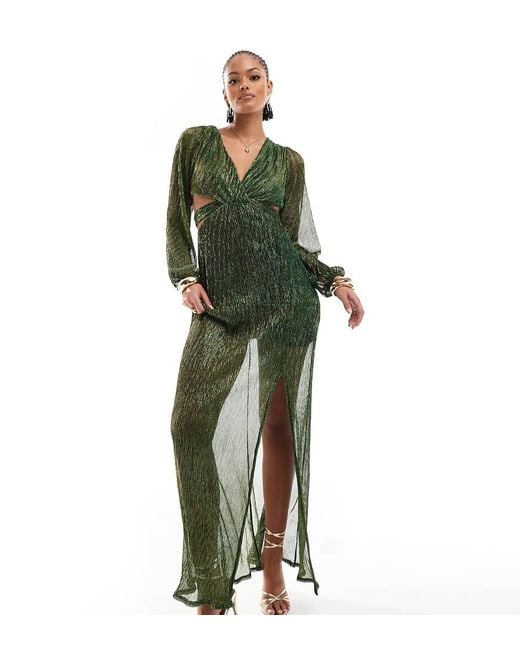 TFNC London Green Pleated Shimmer Maxi Dress