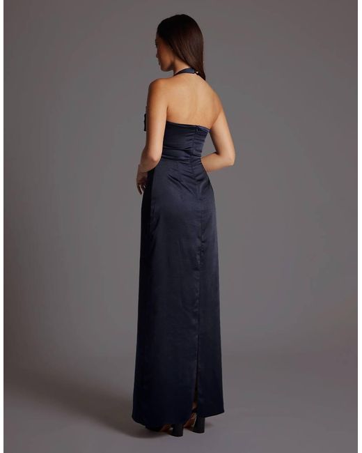 Vesper Blue Satin Cowl Halter Neck Maxi Dress