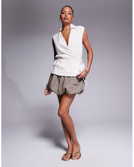 ASOS Gray Linen Blend Wrap Over Sleeveless Blouse