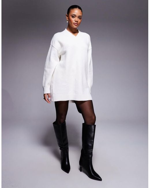 Aria Cove Women's White Knit Oversized V Neck Balloon Sleeve Mini