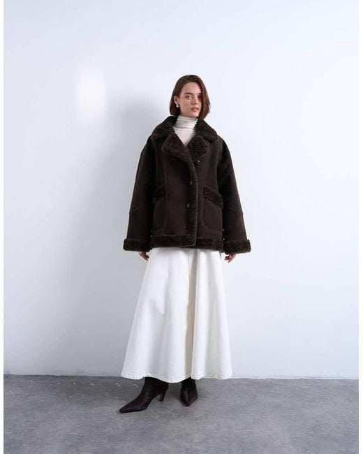 TOPSHOP Black Faux Suede Shearling Oversized Car Coat