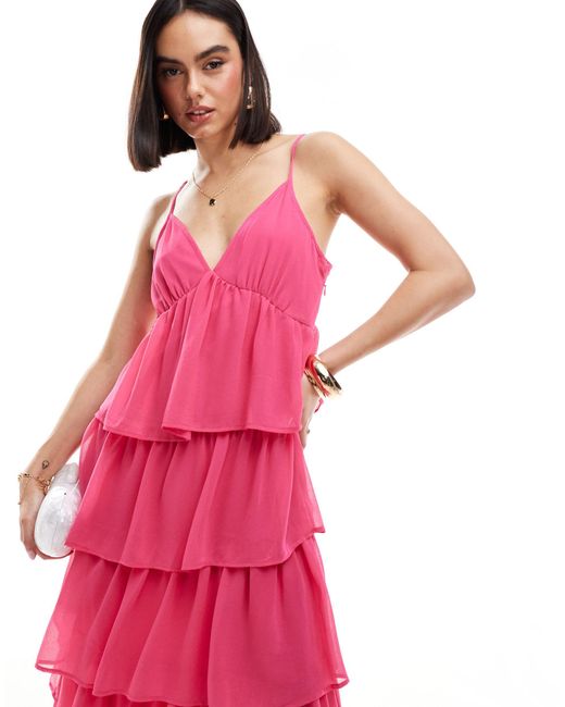 Vila Pink Tiered Frill Maxi Cami Dress