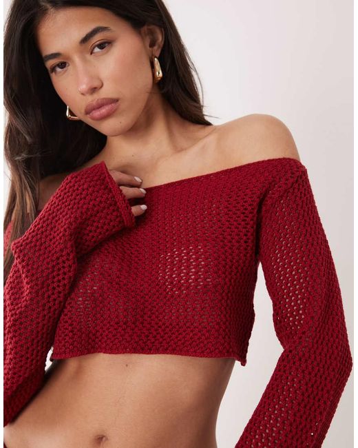 Aria Cove Red Open Crochet Off Shoulder Flare Sleeve Beach Crop Top Co-ord