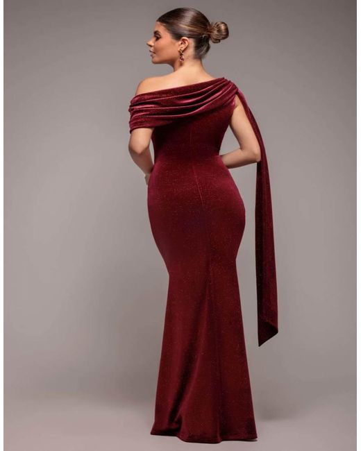 Goddiva Red Glitter Velvet Sash One Shoulder Bardot Maxi Dress