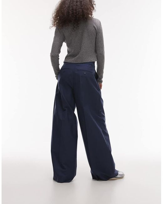 & Other Stories Blue Relaxed Wide Leg Tailored Trousers With Pleat Front