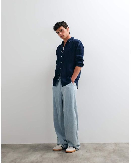 Polo Ralph Lauren Blue Icon Logo Long Sleeve Linen Shirt for men