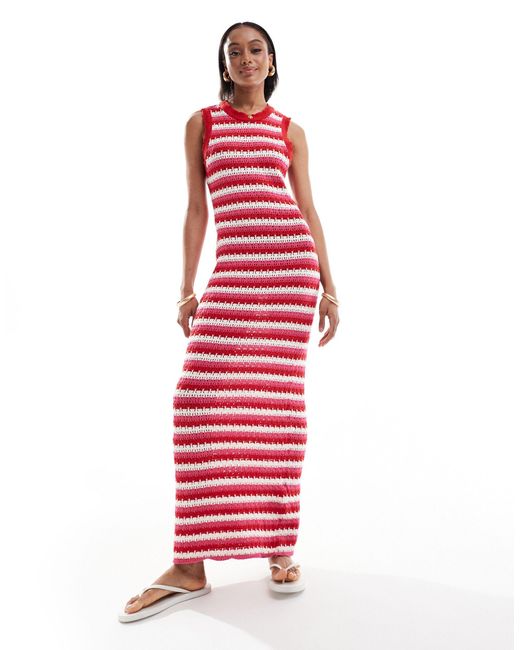 Robe longue en maille à rayures - et blanc ONLY en coloris Red