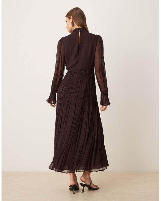 Mango Natural High Neck Long Sleeve Chiffon Tiered Maxi Dress