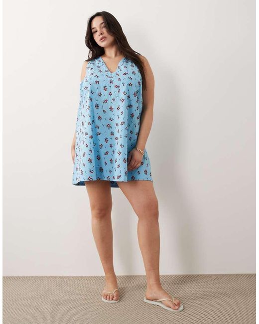 ASOS Blue Asos Design Curve Cotton Linen V Neck Smock Midi Dress