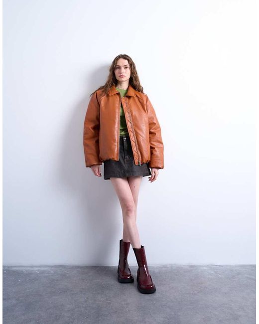 TOPSHOP Brown Faux Leather Padded Puffer Jacket