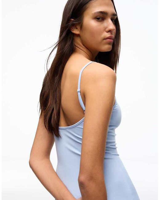 Bershka Blue Ruched Strap Midi Dress