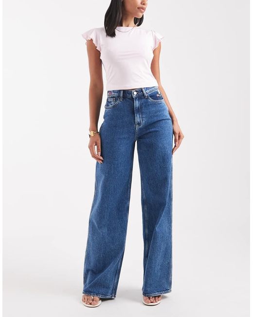 Tommy Hilfiger Blue Claire High Rise Wide Jeans With Flower Embroidery