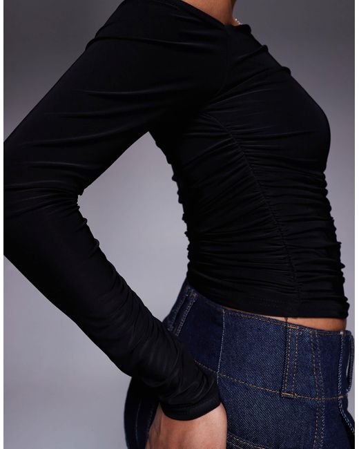 Kaiia Blue Exclusive Double Layered Slinky Off Shoulder Long Sleeve Top