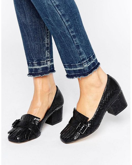 Office Monty Buckle Fringe Mid Heeled Loafers in Black | Lyst Canada