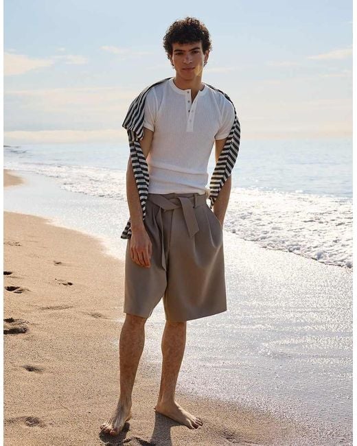 Bershka Brown Wide-leg Bermuda Shorts With Belt for men