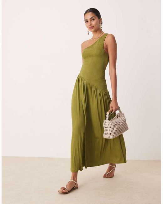 ASOS Green Crinkle Shirred Bodice One Shoulder Asym Dropped Waist Midi Dress